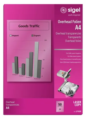 Produktbild von SIGEL LF420 Overhead-Folien für S/W-Laser/-Kopierer, transparent, 100 µm, A4, 50 Blatt