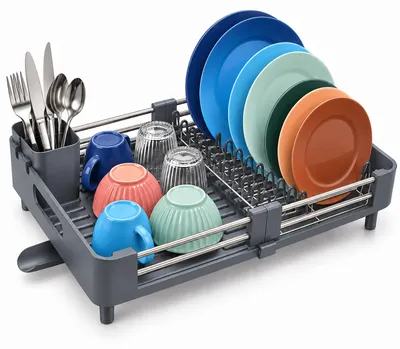 Produktbild von Relaxdays Abtropfgestell, Besteckkorb & Abtropfschale, ausziehbar, Küche, Abtropfgitter Kunststoff, Edelstahl, grau, KI-generiertes Bild