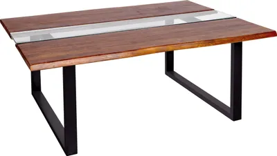Produktbild von Couchtisch Baumkante mit Glaseinsatz 118 x 80 cm Akazie massiv nougatfarben U-Gestell schwarz FRANCO