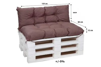 A pallet sofa with brown cushions, shown against a white background with dimensions indicated.