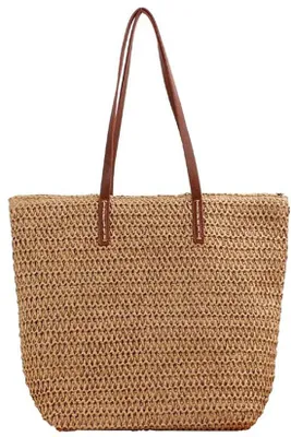 Produktbild von Unyqoos® Handgewebte Stroh-Schultertasche – große braune Strand- & Einkaufstasche aus Rotan/Leder, Polyesterfutter, Reißverschluss, PolyurethanSchulterriemen, geräumig