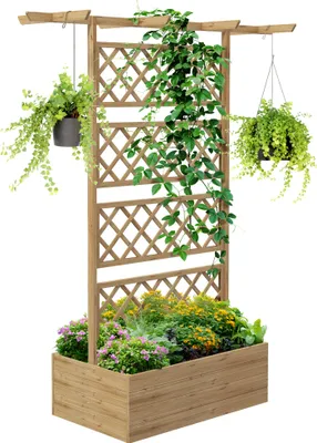Image de Outsunny Jardiniššre avec treillis bac š€ fleurs potager sur pied en bois pour plantes grimpantes, lšŠgumes, fleurs - en bois de sapin pršŠ-huilšŠ dim. 160L x 55l x 183H cm effet bois naturel