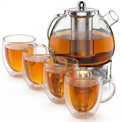 Produktbild von Arendo Teekanne 1,5 l mit Edelstahl-Stövchen, Edelstahlsieb und 4 Thermogläsern 350 ml, doppelwandige Gläser mit Henkel, Glaskanne, 7 Teile, transparent und silberfarben