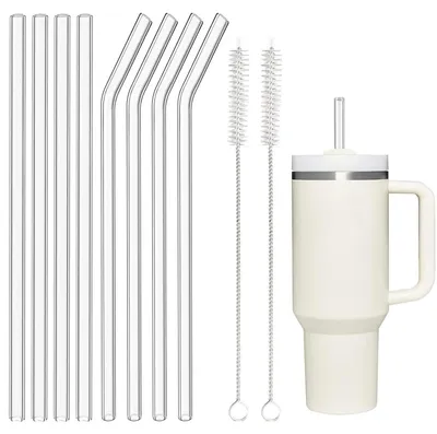 Immagine prodotto di 8 cannucce in vetro per bicchieri Stanley da 30/40 once, lunghezza 31 cm, 4 curve e 4 dritte, con 2 spazzole per la pulizia