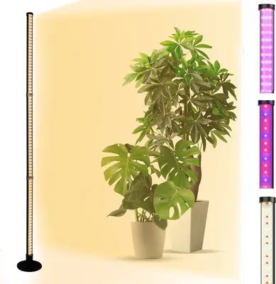 A tall LED grow light stand with plants in pots, with smaller LED light tubes shown on the right side.