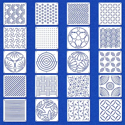 Produktbild von Sashiko Schablonen Set - 20-teilig mit geometrischen Mustern - für Handquilten und Nähen - 13 x 13 cm Kunststoff