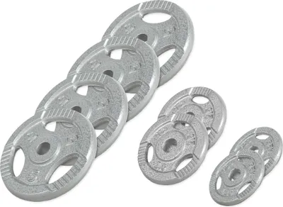 Produktbild von GORILLA SPORTS® Hantelscheiben - 27kg Set (2x1,25 + 2x2,5 + 4x5 kg) Gewichte, Tri-grip, 30mm, Gusseisen, Silber/Schwarz - Gewichtsscheiben, Hanteln Set