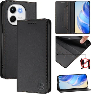 Produktbild von Lederhülle für Tecno Spark 30 5G/Pova 6 Neo 5G Hülle Flip Brieftasche Kartenfächern Ständer Schutzhülle Schwarz