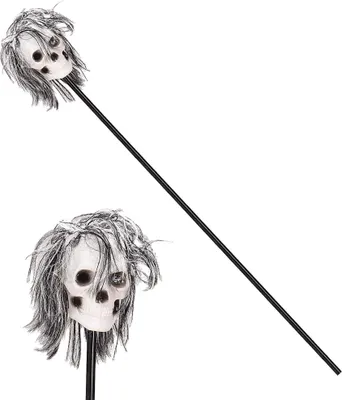 Produktbild von Totenschädel-Stab Halloween-Gehstock mit Haaren schwarz-weiss 120cm -