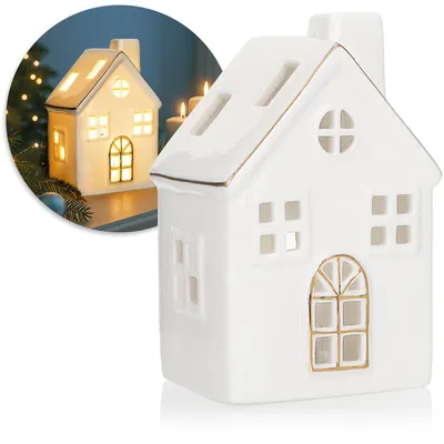 Produktbild von com-four® LED-Haus aus Porzellan - batteriebetriebenes Leuchthaus - weißes glänzendes Deko-Lichthäuschen für Winter und Weihnachtsdekoration