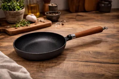 Produktbild von RONNEBY BRUK Bratpfanne Maestro Gusseisen hoch mit braunem Buchenholzgriff Ø20cm