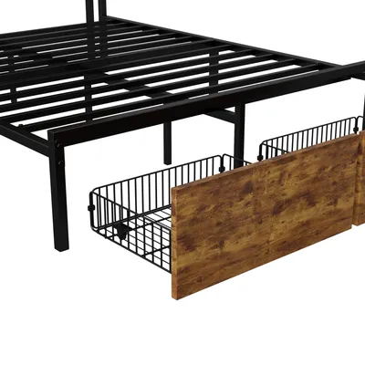 Image de Lit rembourré avec 2 tiroirs de rangement, 160x200 Lit double avec tête de lit LED et prises de charge, connexion USB, Lit de rangement hydraulique Cadre de lit, sommier en bois sans matelas, Noir