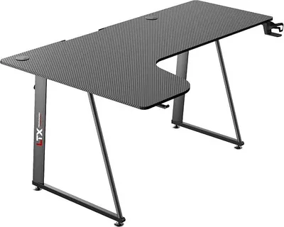 Obrázek produktu pro Velký rohový psací stůl, herní stůl, 160 cm, tvar písmene L, pro notebook, herní notebook, karbonový povrch, ergonomické vedení kabelů pro sluchátka, držák na nápoje