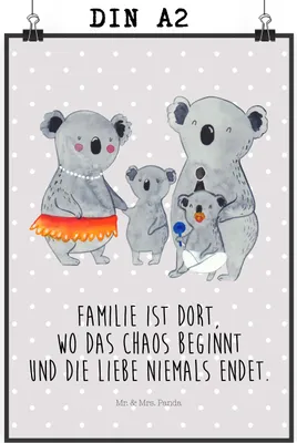 Produktbild von Mr. & Mrs. Panda Bild Koala Familie DIN A2 - Grau Pastell - Geschenk, Wandbild, Family, Koalas, kunstdruck poster, Kinder, Wanddekoration, Muttertag, Mama, wanddeko