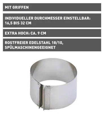 Immagine prodotto di KAISER Tortenring Patisserie mit Griffen 9cm Ø16,5-32cm Edelstahl