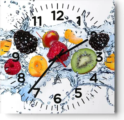 Produktbild von Wanduhr - Quadrat - Glasuhr - Wasser Früchte frisch Essen - 40x40cm - Schleichendes Uhrwerk - Lautlos - zum Aufhängen bereit - Dekoration Modern - Wanddekoration aus Glas - C4AC40x40-2675