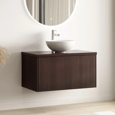 Produktbild von LOMAZOO MESSINA Geriffelt Walnuss - Aufsatzwaschbecken Weiß - 80 cm