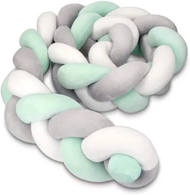 Produktbild von Bettschlange geflochten 200cm Nestchen Zopf - Babybett Stoßfänger Bettumrandung lang - Kopfschutz Zugluftstopper(Grau - Mintgrün)