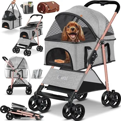 Obrázok produktu pre Kočík pre psov 2v1, psí vozík, prepravná klietka, taška na prenášanie, skladací, vhodný pre psov do 20 kg, s otočnými kolesami o 360°, vrátane sieťových okien, držiaka na nápoje, plachty proti dažďu a deky. Športový kočík pre domáce zvieratá