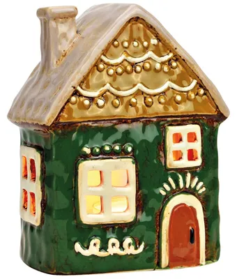 Image de Photophore coloré style maison en pain d'épices en faïence, en 13x17x8 cm