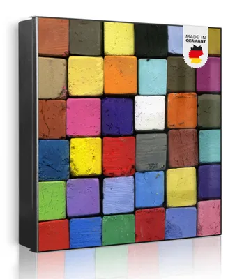 Produktbild von banjado Schlüsselkasten aus Metall, 30x30cm groß mit 32 Haken, als Magnettafel nutzbar, Korpus schwarz, Anschlag links, Bunte Kreide [SKG2 10185]
