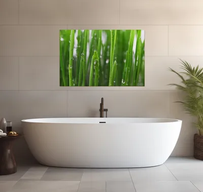 Produktbild von Wallario wasserfestes Poster selbstklebend 91,50 x 61 cm, Wassertropfen an Grashalmen, Badezimmerposter Spritzschutz mit Hochglanzoberfläche in Glasoptik