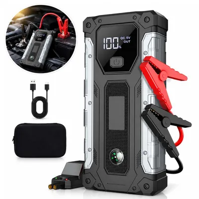 Produktbild von Starthilfe Powerbank 10000 A, 12 V Auto Batterie Booster für Benzin & Diesel bis 10,0 L, mit LCD Display, LED Taschenlampe & USB Powerbank