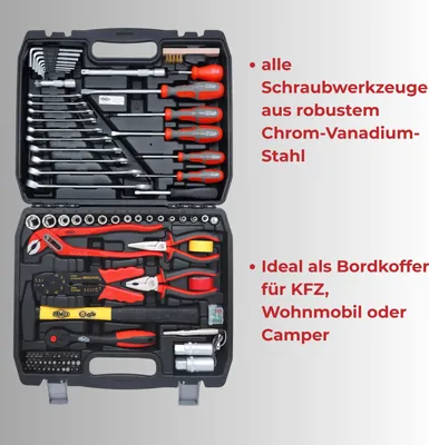 Produktbild von FAMEX 144-50 Kompakter Werkzeugkoffer bestückt mit Werkzeug Set für Auto, Camper, CV-Stahl, Idealer Bordkoffer