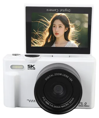 Produktbild von 5K HD Digitalkamera 75MP UHD 18XAF Autofokus 3 Zoll Flip Screen WiFi Kamera mit Blitz für Fotografie und Video Weiß
