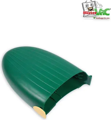 A green vacuum cleaner part with a yellow accent, shown against a white background. A logo for 'Mister Vac' is in the top right corner.
