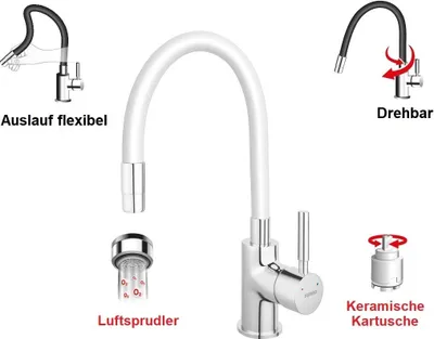 Produktbild von Spültischarmatur Weiss flexibel Einhebelmischer Spiralfederarmatur Wasserhahn Messing Mischbatterie