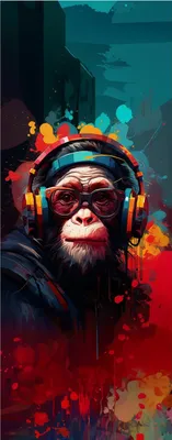 Produktbild von Wallario Premium Glasbild, freischwebende Optik, kräftige Farben, Größe 125 x 50 cm Motiv Chimp - Musik