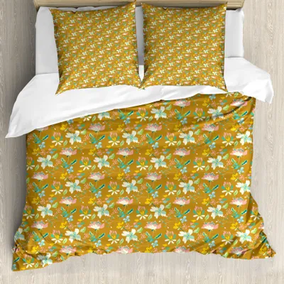 Produktbild von ABAKUHAUS Blumen Bettbezug Set für Einzelbetten, Bio-Sommer-Blüten-Kunst, Milbensicher Allergiker geeignet mit Kissenbezug, 155 cm x 220 cm - 80 x 80 cm, Bernstein Multicolor