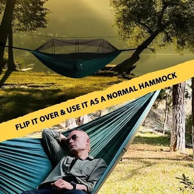 Produktbild von Ultraleichte Camping-Hängematte mit Moskitonetz – 300 x 200 cm – Tragkraft 300 kg – Atmungsaktiv und schnelltrocknend – Fallschirmnylon – Inklusive Karabiner und Nylonschlaufen