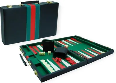 Imagen del producto de Maletín para jugar al backgammon, de 38 cm, fabricado en plástico con una banda verde y roja