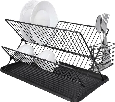 Zdjęcie produktu dla Ociekacz Stojak na naczynia Ociekacz z tacą ociekową Ociekacz Stojak na naczynia Składany 2-poziomowy uchwyt na naczynia 42,5x31,5x24 cm Retoo