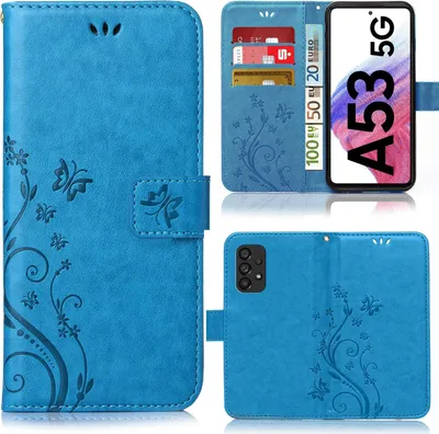 Produktbild von Handy Tasche für Samsung Galaxy A53 5G Schutz Hülle Handyhülle mit Blumenmuster Klapp Hülle mit Standfunktion und Kartenfächer Blau