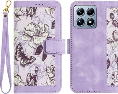 Produktbild von Für Xiaomi 14T Kunstleder Wallet Handy Tasche Blumen Design Hülle Etuis Lila