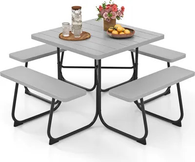 Produktbild von Gartenmöbel Picknicktisch Set 8 Personen, Bierzeltgarnitur Gartentisch mit 4 Bänken, Biertisch mit Schirmloch, Garten Sitzgruppe wetterfest aus HDPE