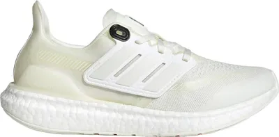 A side profile of a white Adidas running shoe.