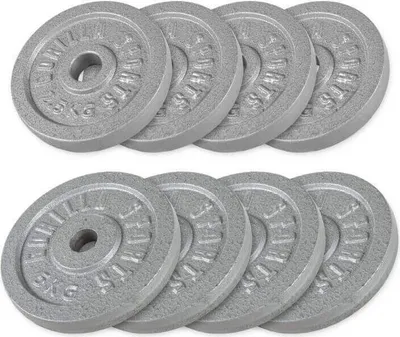 Produktbild von GORILLA SPORTS® Hantelscheiben - 30 kg Set, 4x2,5 + 4x5 kg Gewichte, 30/31 mm, Gusseisen, Silber- Gewichtsscheiben, Bumper Plates