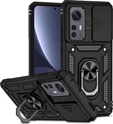 Image de Etui pour Xiaomi 12 / Xiaomi 12X étui double couche avec couvercle coulissant pour l'appareil photo et anneau de support noir
