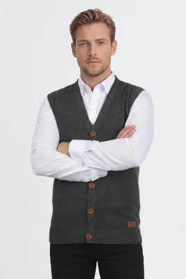 Produktbild von BLEND BHLennardo Herren Pullunder Strickweste Feinstrick Weste mit V-Ausschnitt Holz-Knopfleiste ärmellos Baumwollmischung Regular fit