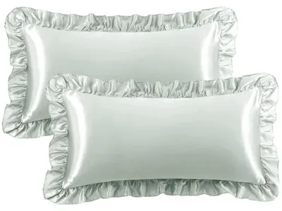 Zdjęcie produktu dla Zestaw 2 poszewek na poduszki satynowe z falbankami, ciemnoszary, 40x80 cm