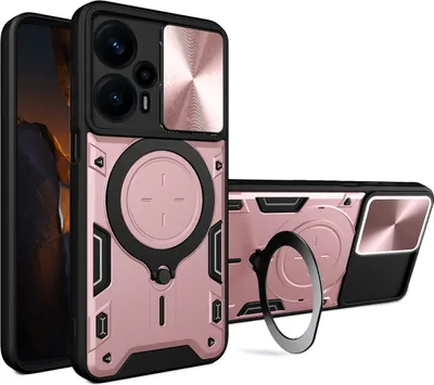 Produktbild von Handyhülle für Xiaomi Poco F5  Dual-Layer Stoßfest Rüstung Hülle mit Dia Kameraschutz und Kreisförmig Ring Ständer Roségold