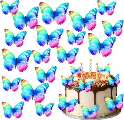 Image de Gaufres Papillons arc-en-ciel sur gâteau Décoration comestible 23 pcs