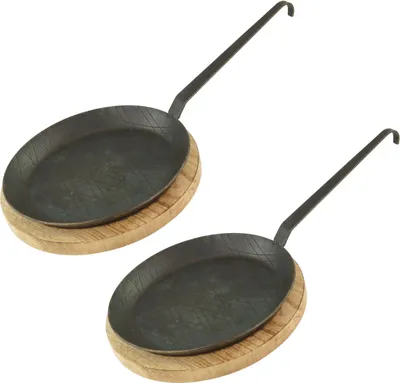 Produktbild von Schmiedeeiserne Brat- und Servierpfanne 2 Stück Ø 28 cm mit Hakenstiel inklusive Servierbrett