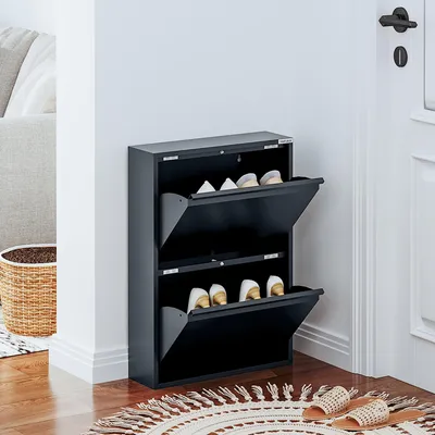 Produktbild von VEEHAUS Schuhregal Schmal Metall Schuhschrank Hoch Schuhkipper mit Magnetische Abdeckung Metall Montiert Schuhschrank Schmal und Wandmontage (Anthrazit RAL7016, 2 Klappen)
