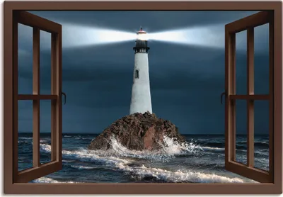 Produktbild von ARTland Leinwandbild Fensterblick Leuchtturm mit Lichtstrahl Größe: 70x50 cm