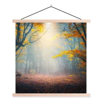 Produktbild von MuchoWow® Textilposter Wald - Nebel - Herbst 40x40 cm mit holzfarbenen Rahmen - Posterleiste